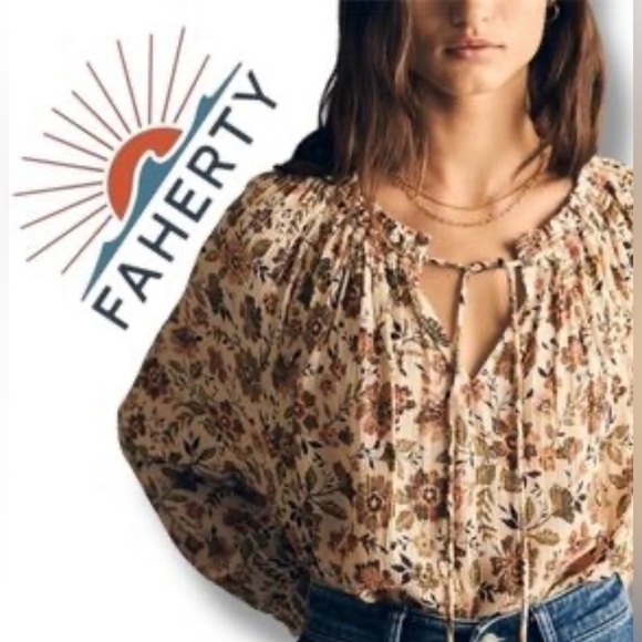 Faherty Emery Blouse Taos Floral Floral Relax Fit Romantic Women's XS - Picture 2 of 7